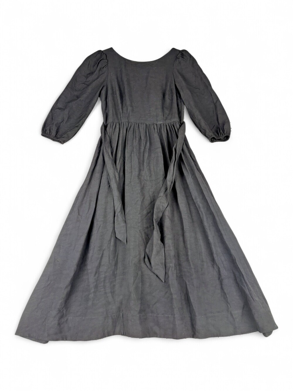 The Odells Black Maxi Dress XS Puff Sleeve Tie Waist Lattice Back Scoop Neck